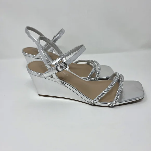 Womens Size 8.5 Silver Rhinestone Square Open Toe Strappy Wedge Sandals Elegant - Picture 4 of 10